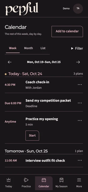 The refreshed Calendar view shows date-range and sort controls above a list of upcoming plans.